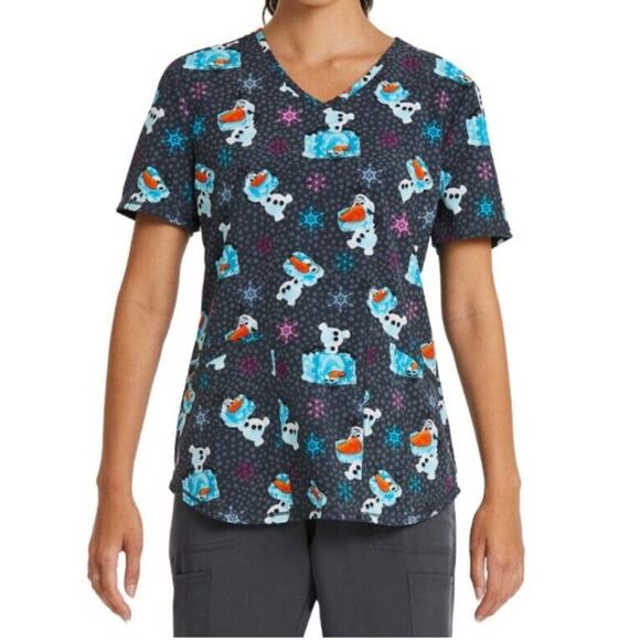3XL Disney Frozen Scrub Top Womens Gray Olaf Funny Ice Print V Neck Uniform New - Picture 1 of 5